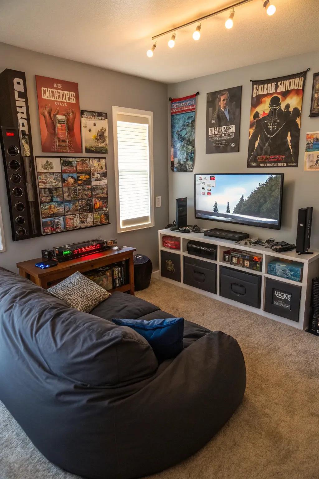 A dedicated gaming area with comfortable seating in this teen boy's room.