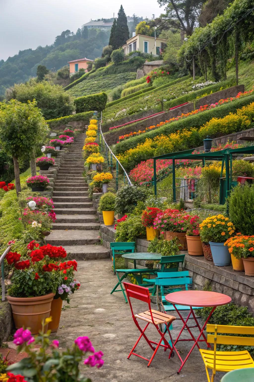 Bold color accents in a terraced garden, adding energy and vibrancy to the space.