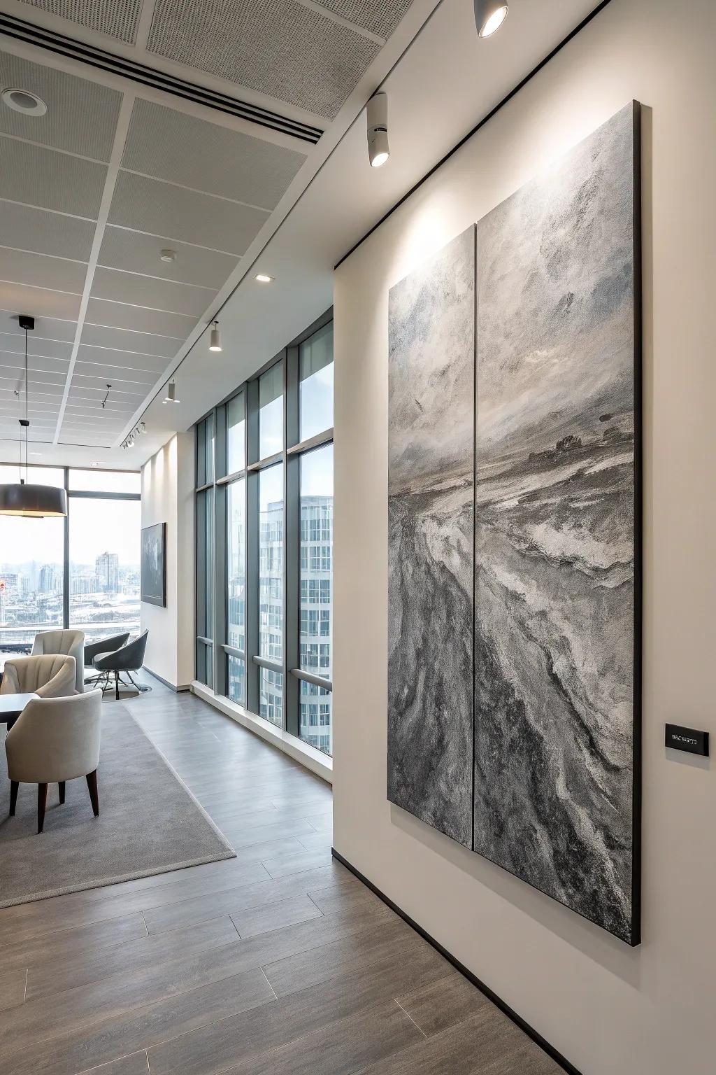 A monochromatic textured painting contributes sophistication to this modern office.