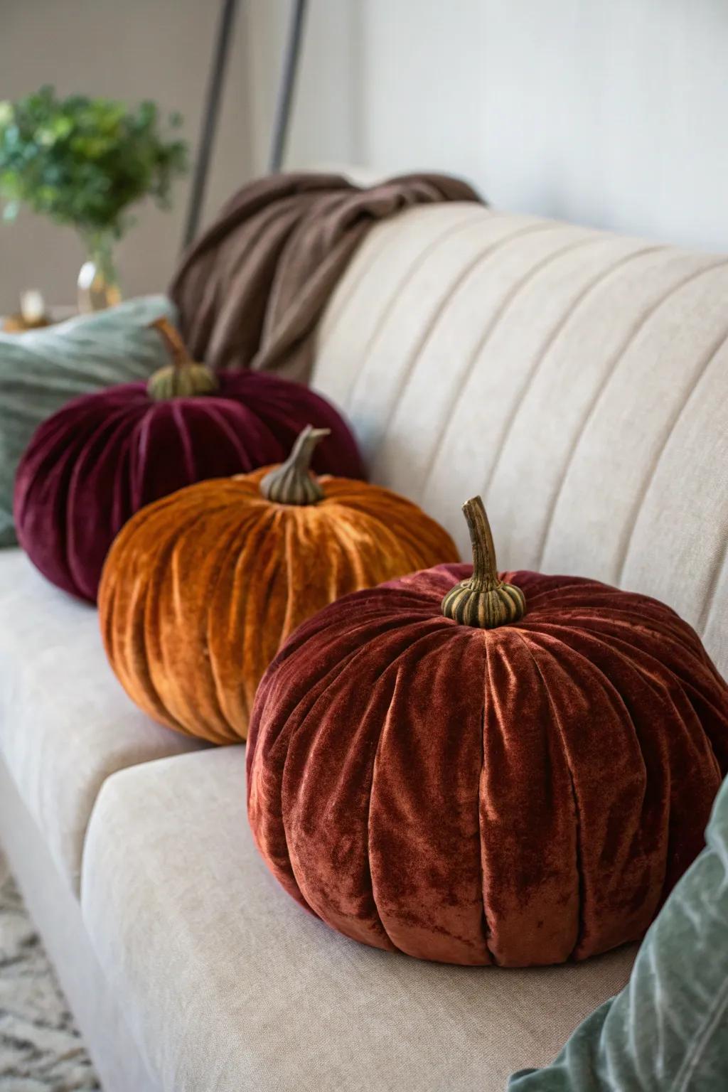 Sumptuous plush pumpkins contributing a tangible aesthetic.