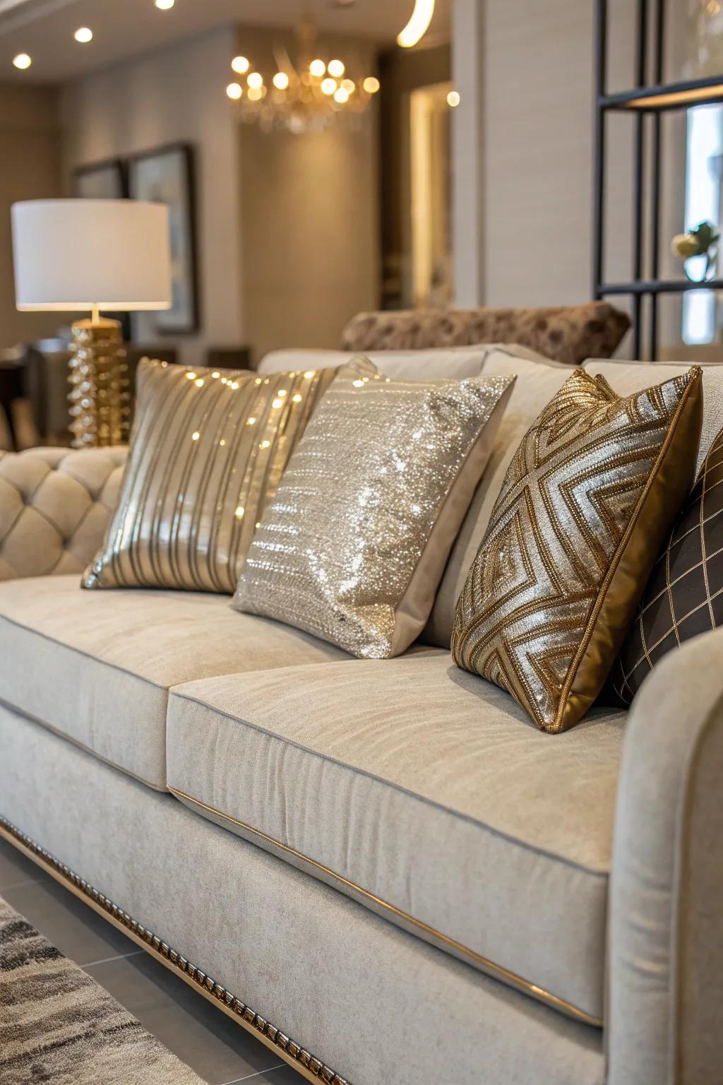 Glamorous metallic accents on throw pillows exuding a touch of luxury.