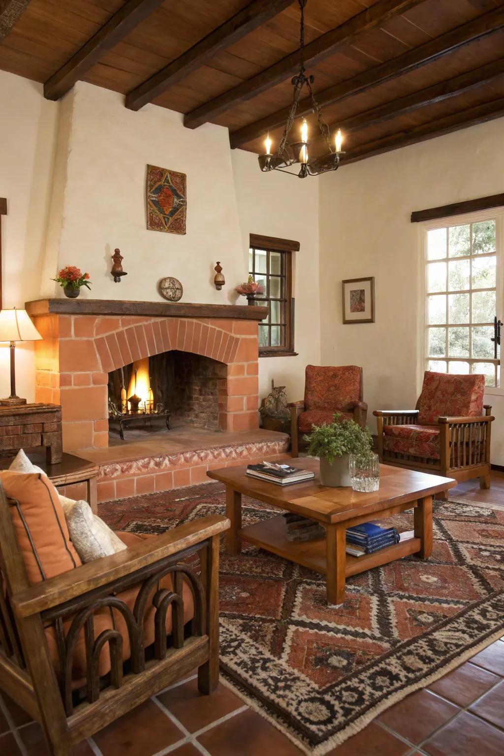Baked clay tiles create a warm and inviting fireplace atmosphere.