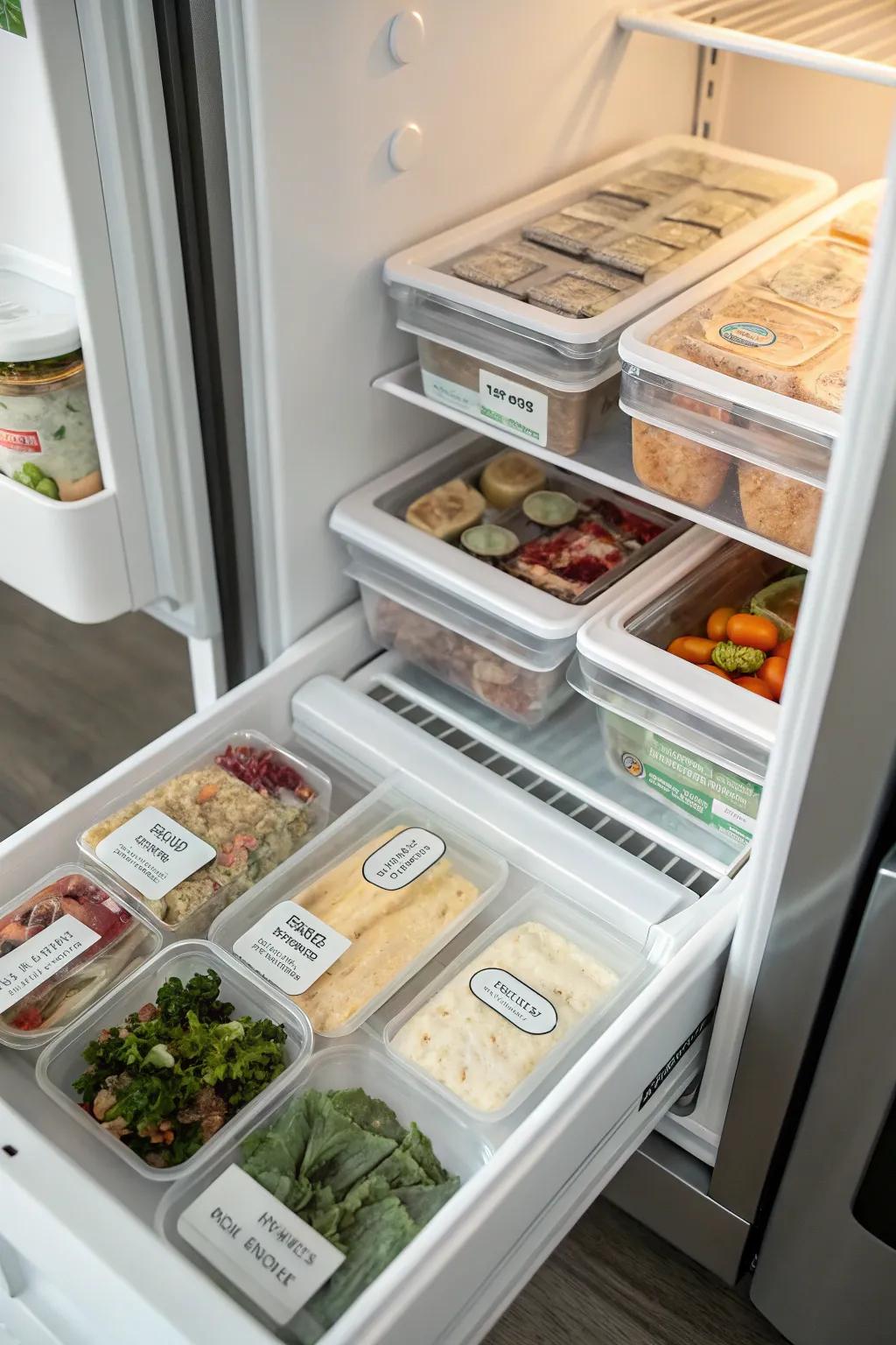 A section is well-organized inside a top freezer, committed to quick meal options for smooth access.