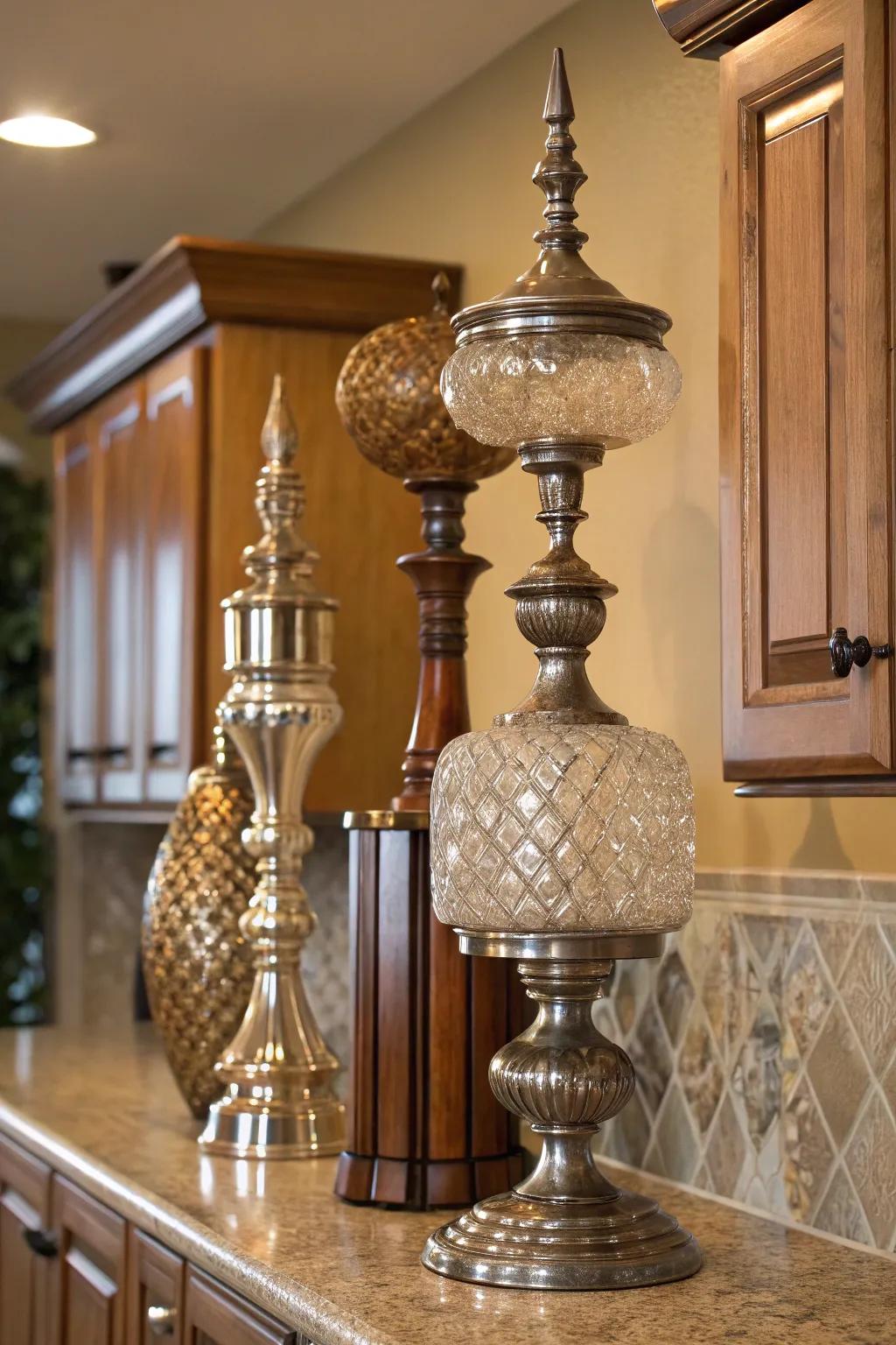 Layer different materials for a dimensioned presentation above your cabinets.