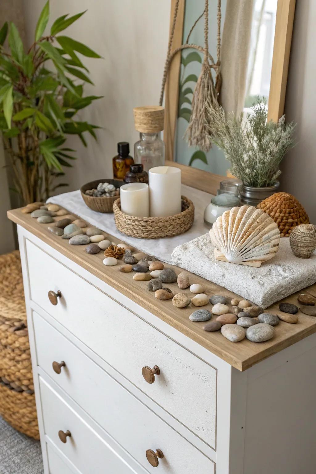 Nature-themed décor contributes peace and an organic sensation to a dresser.