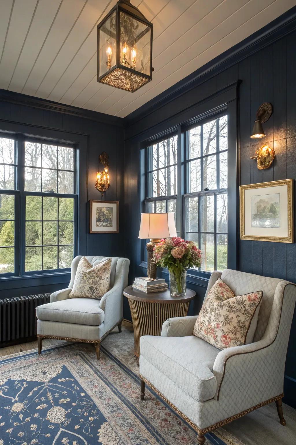 Navy walls enveloping the sunroom in eternal comfort and elegance.