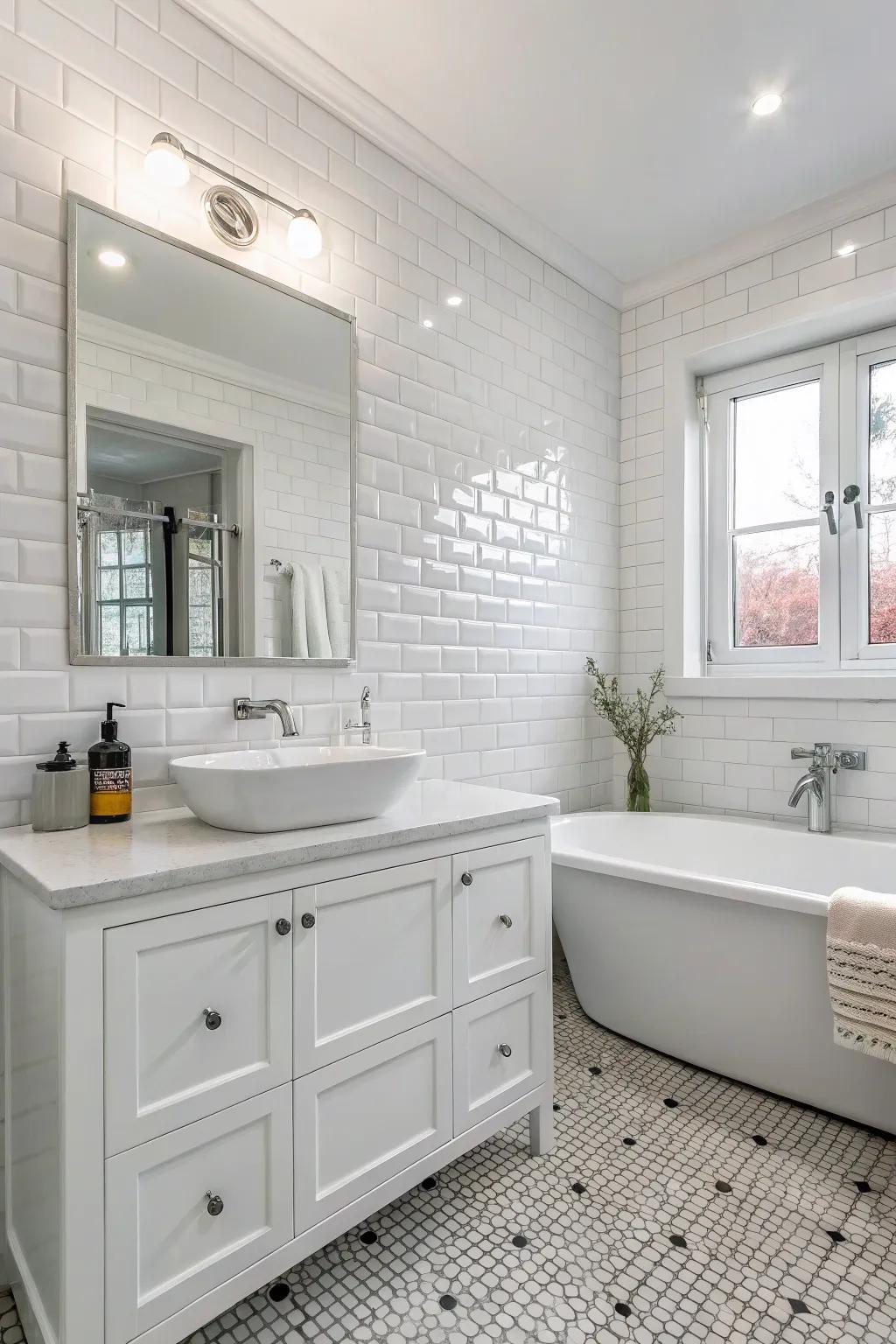 A white bathroom showcasing various shades of white, which fosters a sophisticated uniform effect.