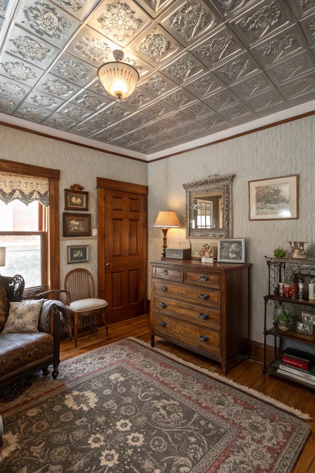 A vintage-inspired room with a tray ceiling featuring tin tiles.