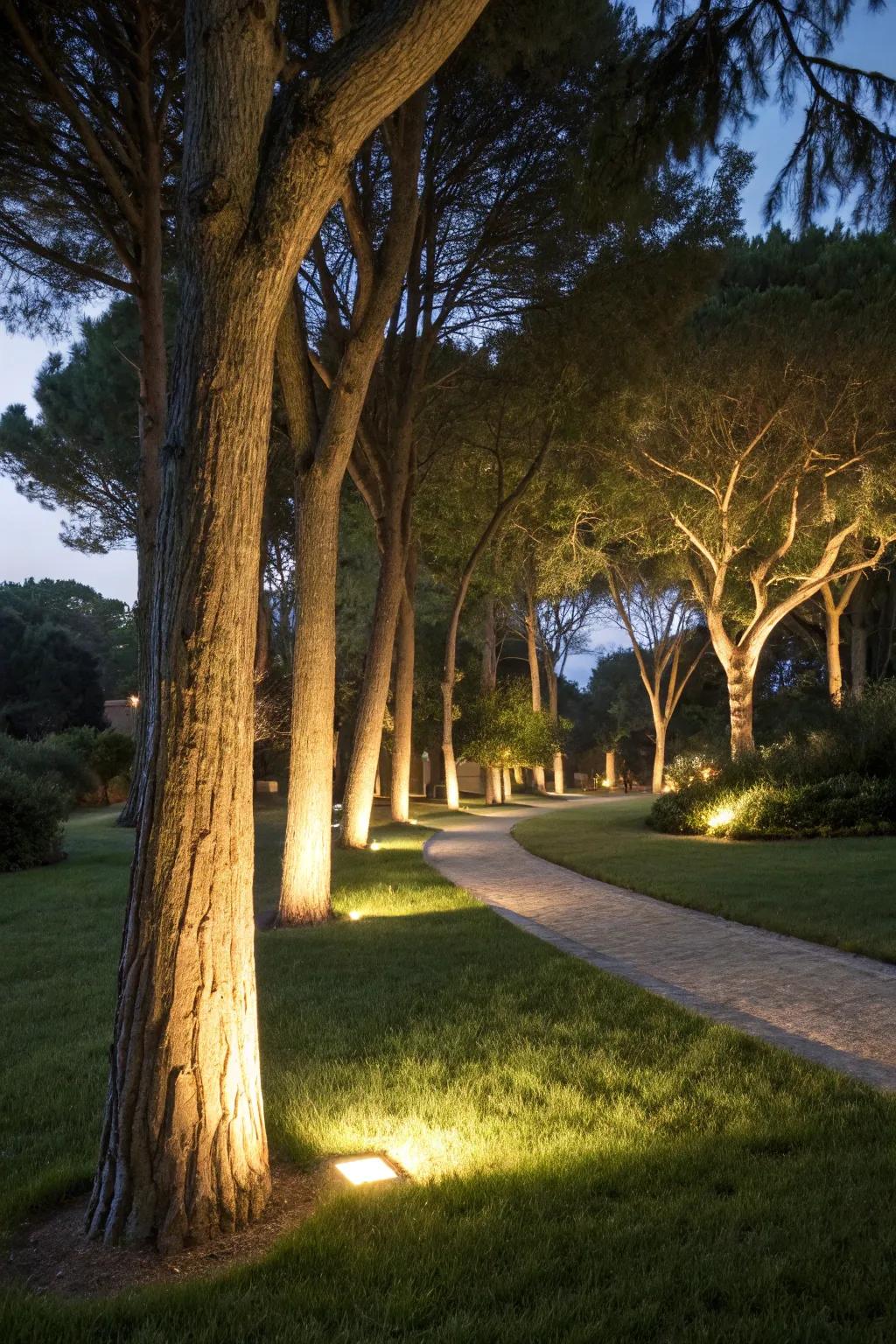 Ground flares contribute elegance via accentuating tree bases.