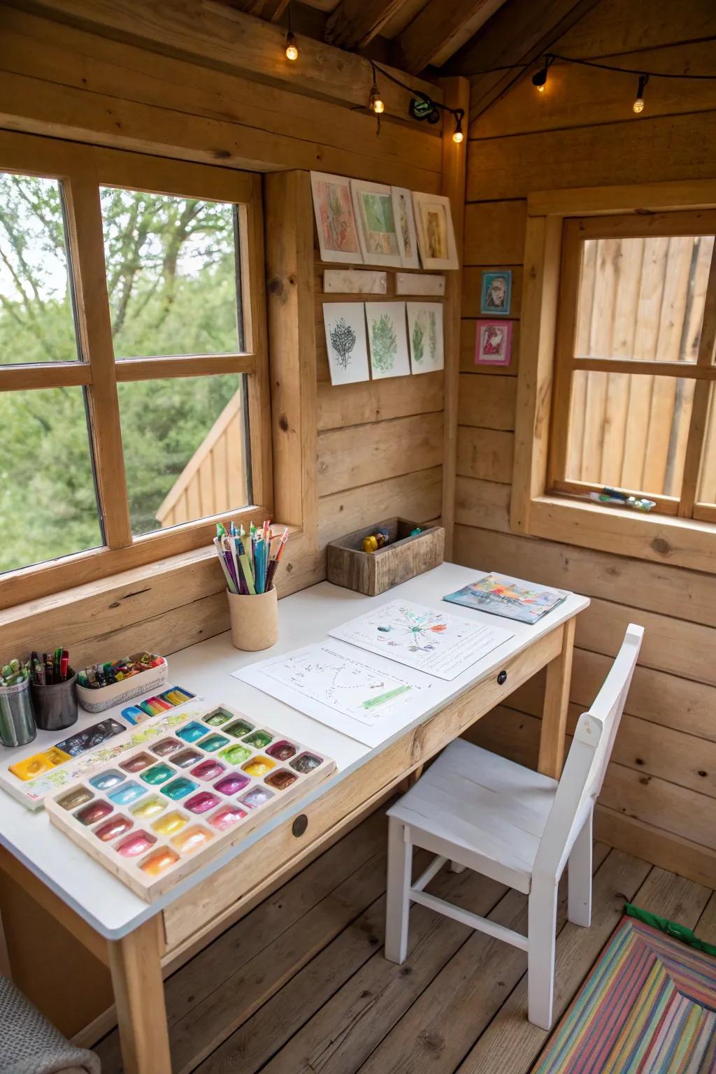 A crafting station in a treehouse, ideal for DIY endeavors and creative pursuits.