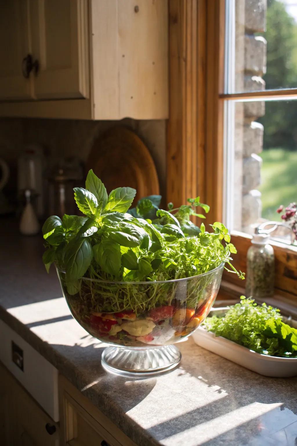 A trifle bowl doubling as a lush herb planter.