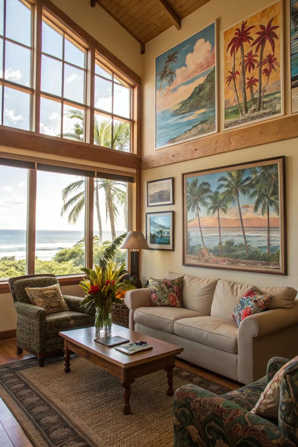 Tropical art brings the essence of the beach indoors.