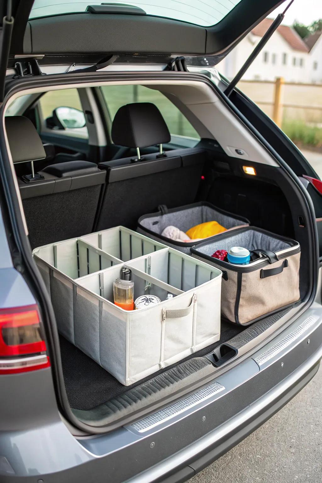 Customizable grid organizers for flexible trunk storage solutions.