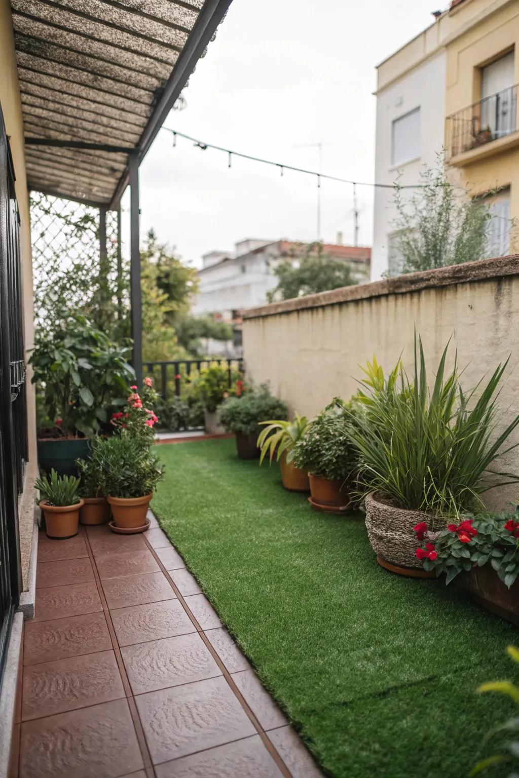 A compact patio transformed with lush <strong>faux grass</strong>.” loading=”lazy” class=”pimg”>
	</picture><figcaption>A compact patio transformed with lush <strong>faux grass</strong>.</figcaption></figure>
<p>Even compact patios can gain from lush <strong>faux grass</strong> to amplify green space. Our tiny patio feels akin to a green retreat despite its dimensions.</p>
<h3>You might like:</h3>
<ul class=