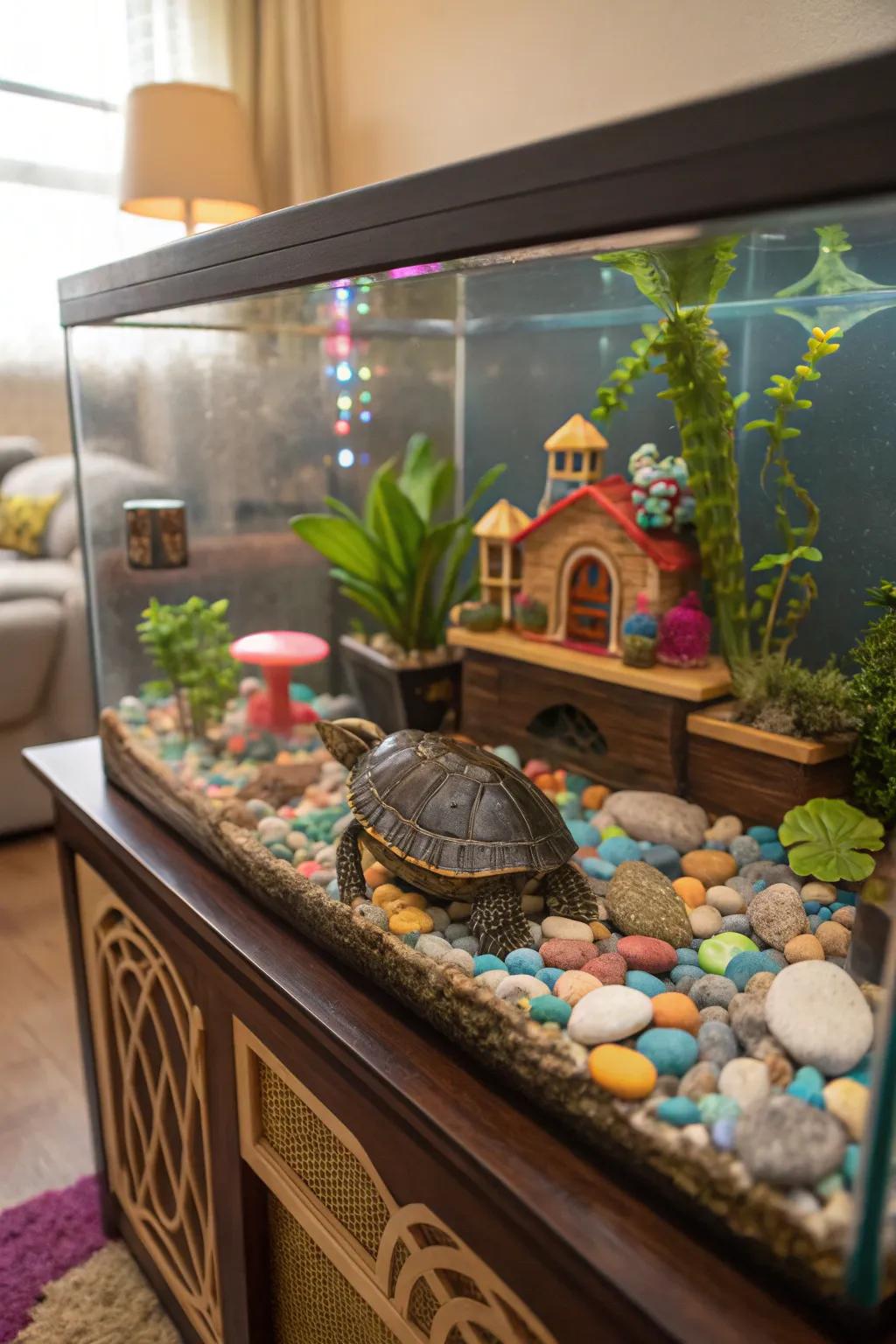 A mixed decor mashup produces a distinct and personalized turtle tank.