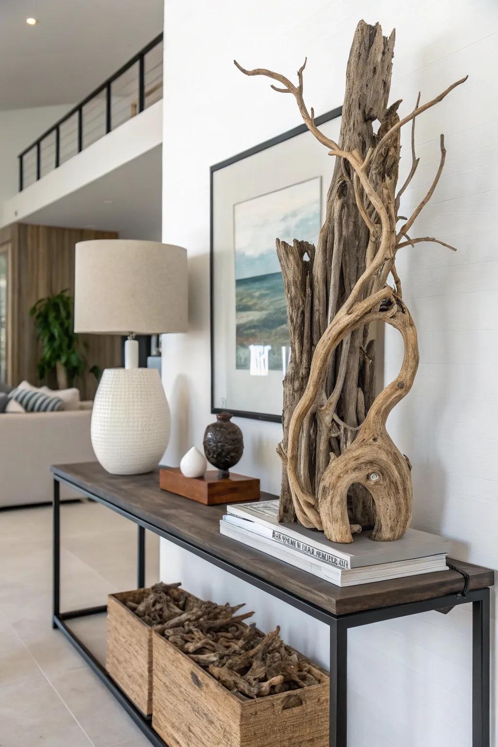 A unique branch and driftwood sculpture for home decor.