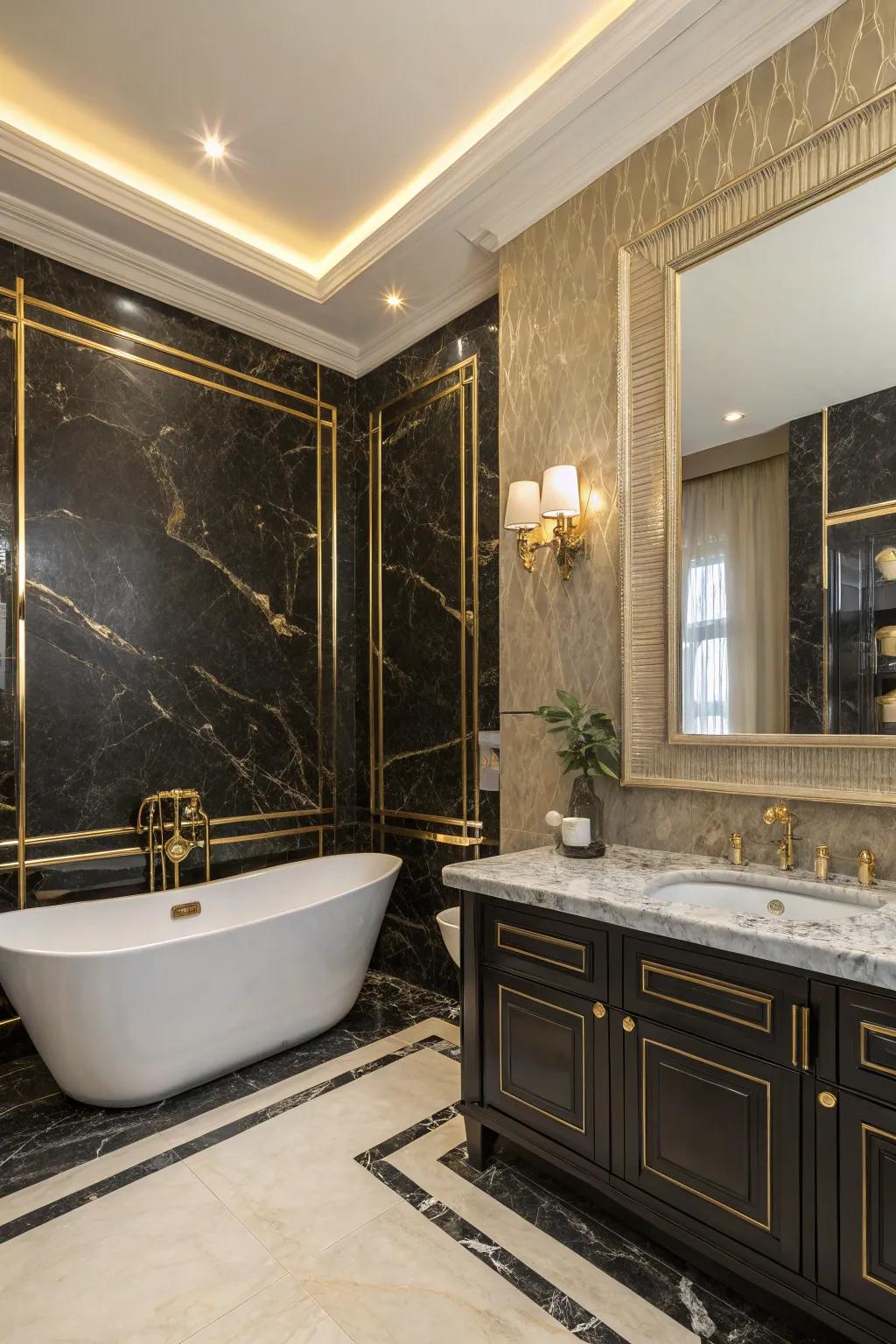 A unique black and gold two-tone wall look that adds a hint of glamour.
