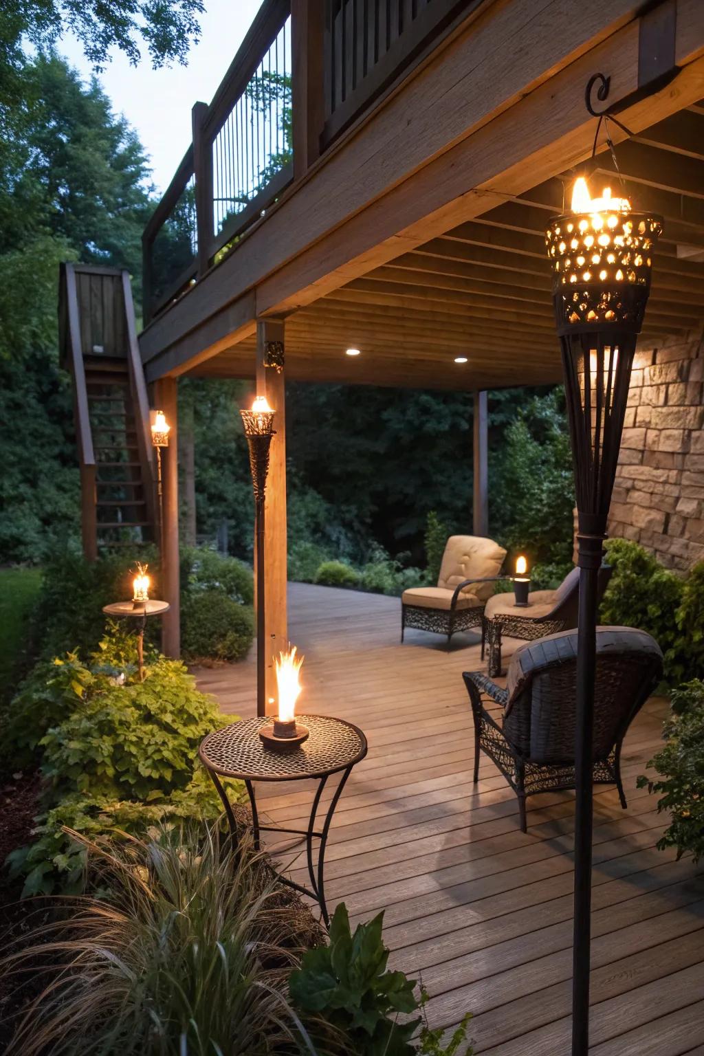Flaming torches introduce a warm and tropical touch to your space.