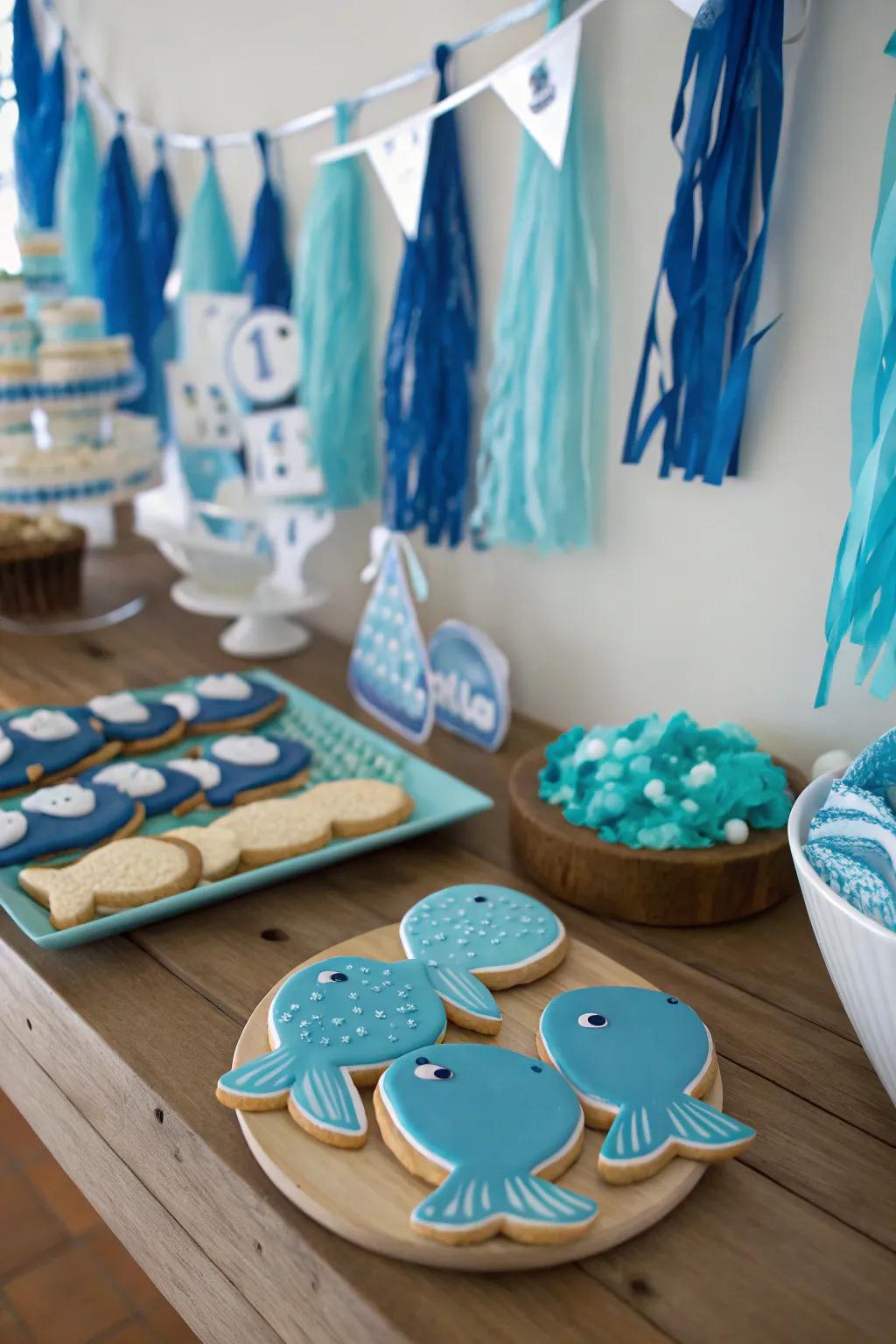 Set sail on a nautical adventure with playful whale and ocean decorations.