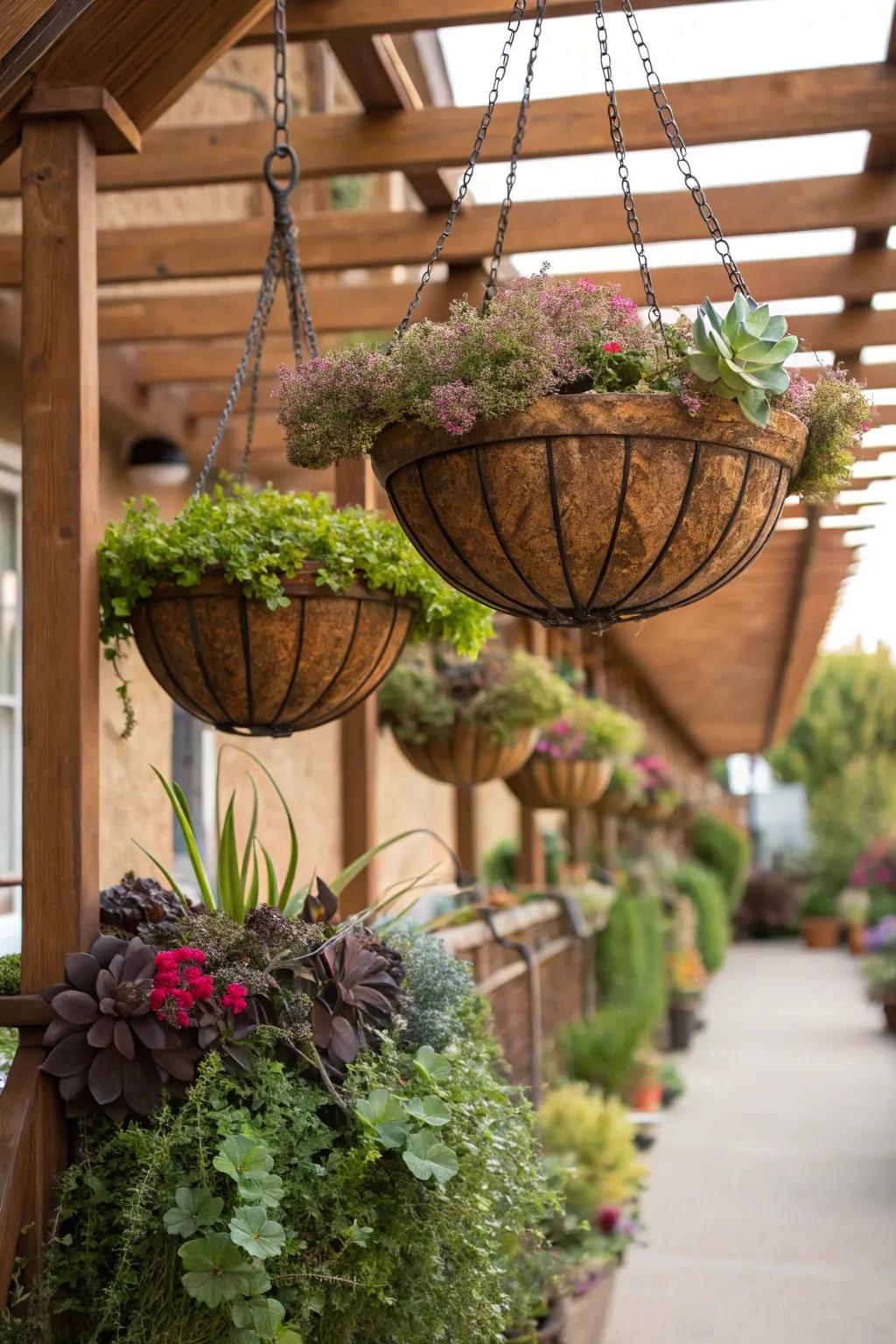 Suspended baskets fabricate a breathtaking exhibition of suspended succulent gardens.