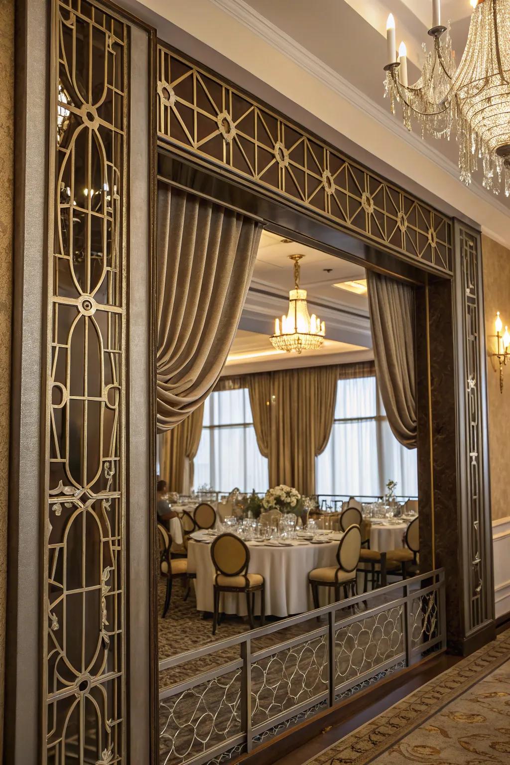 A window using an Architectural Decoration-inspired valance in a glamorous breakfast room.