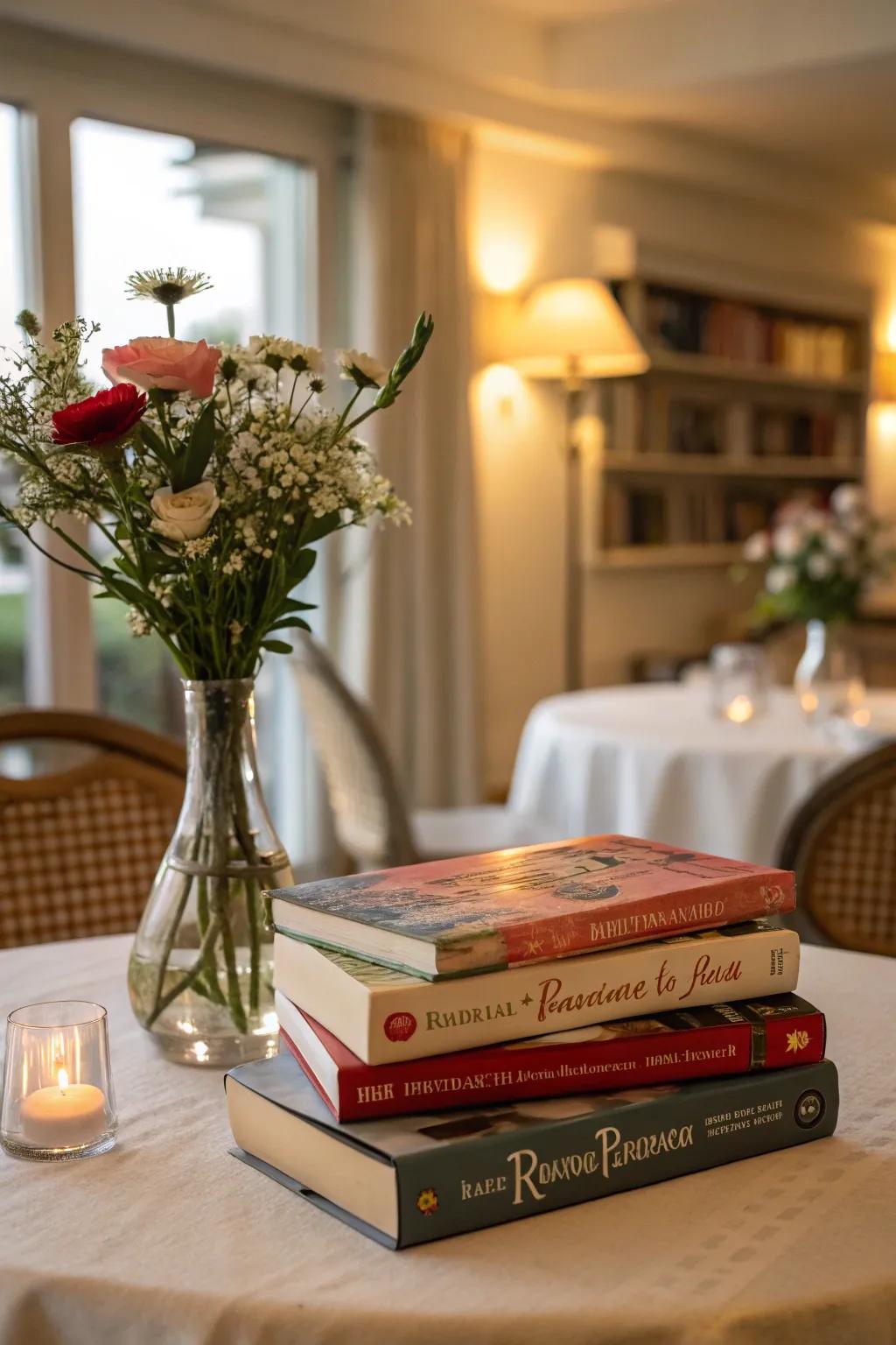 Books and blossoms fashion a literary-themed centerpiece.