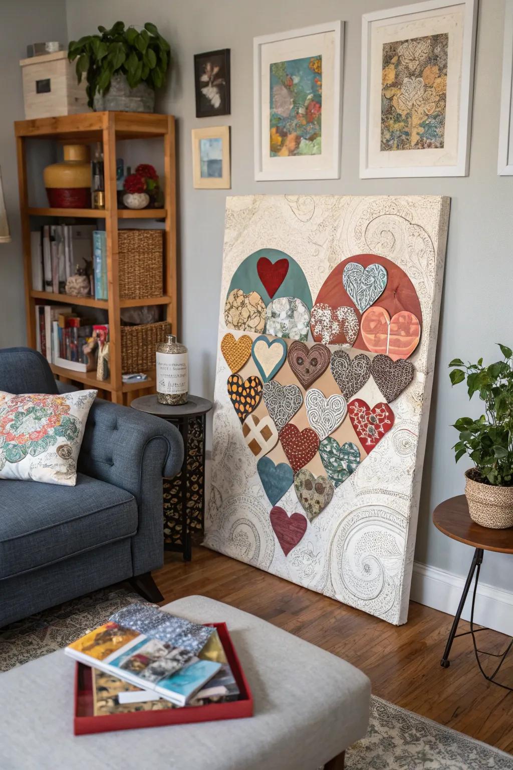 Heart montages add texture and variety to the decor.
