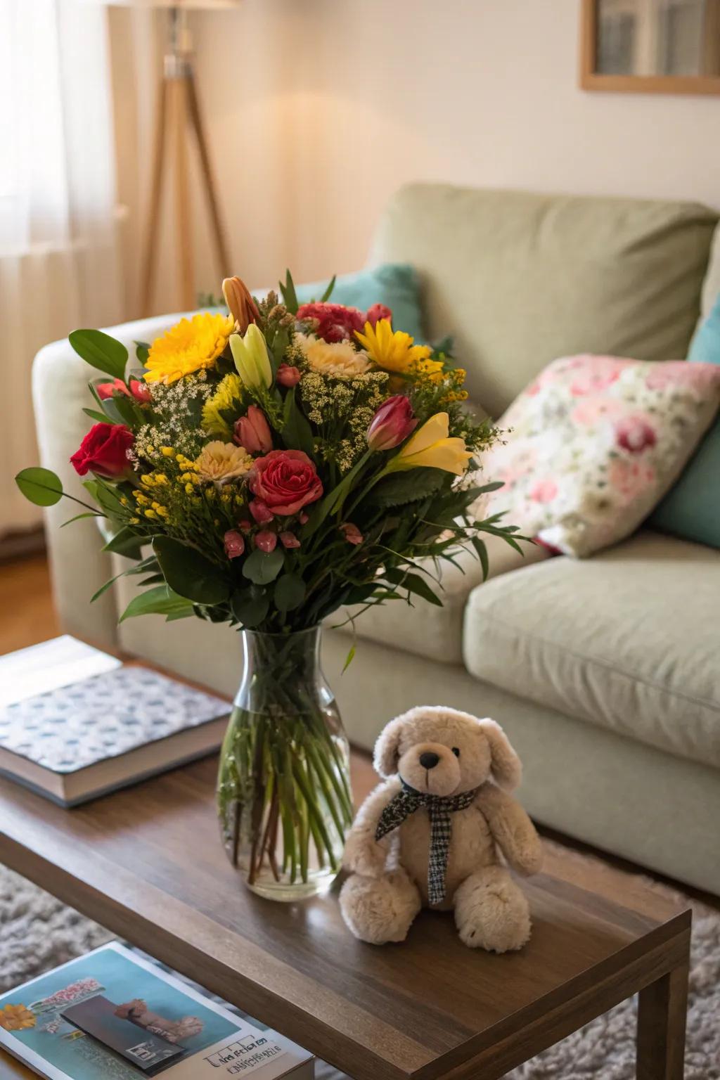 Bouquet with a plush toy adding extra charm.