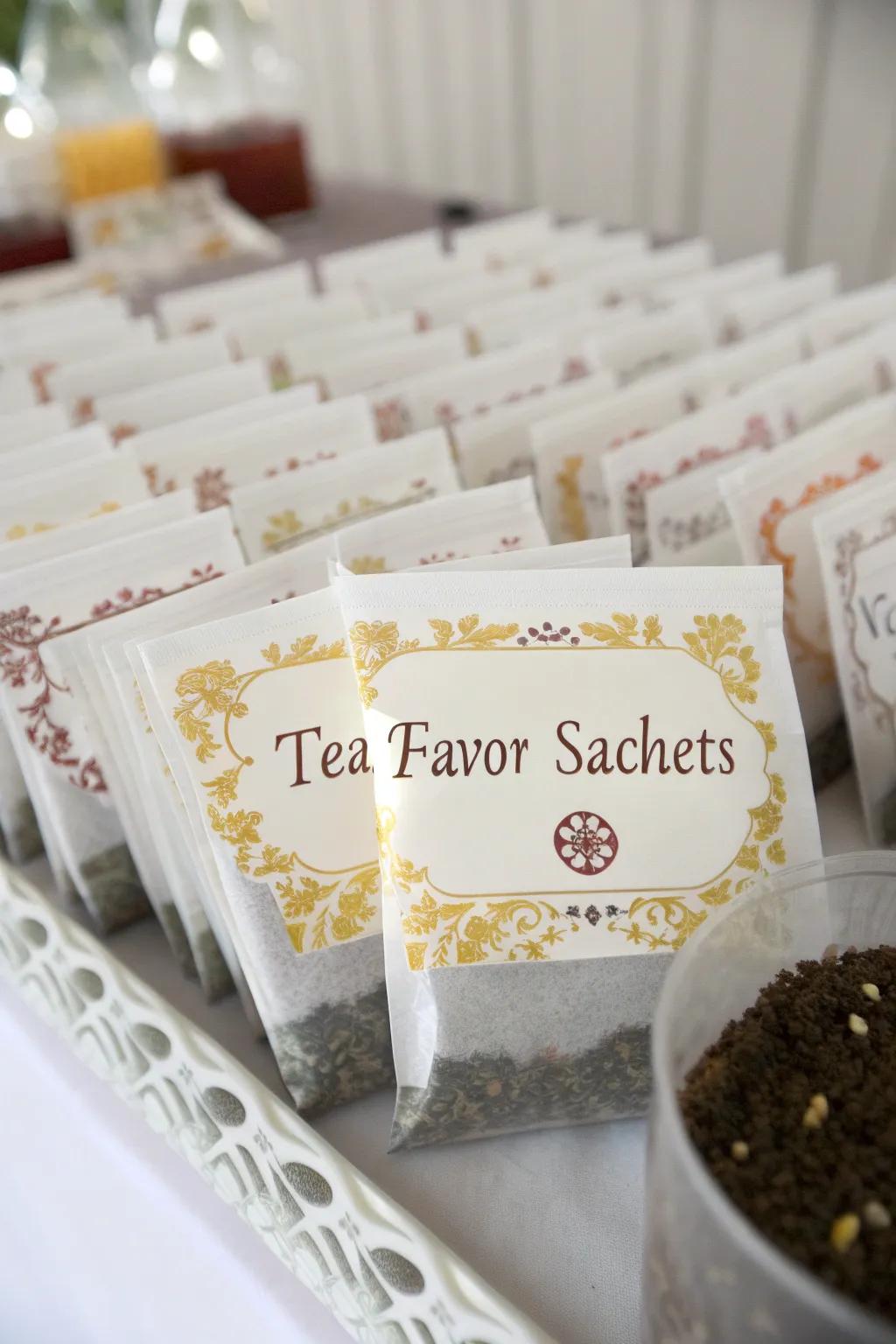 Thoughtful personalized tea tokens for attendees to take back home.