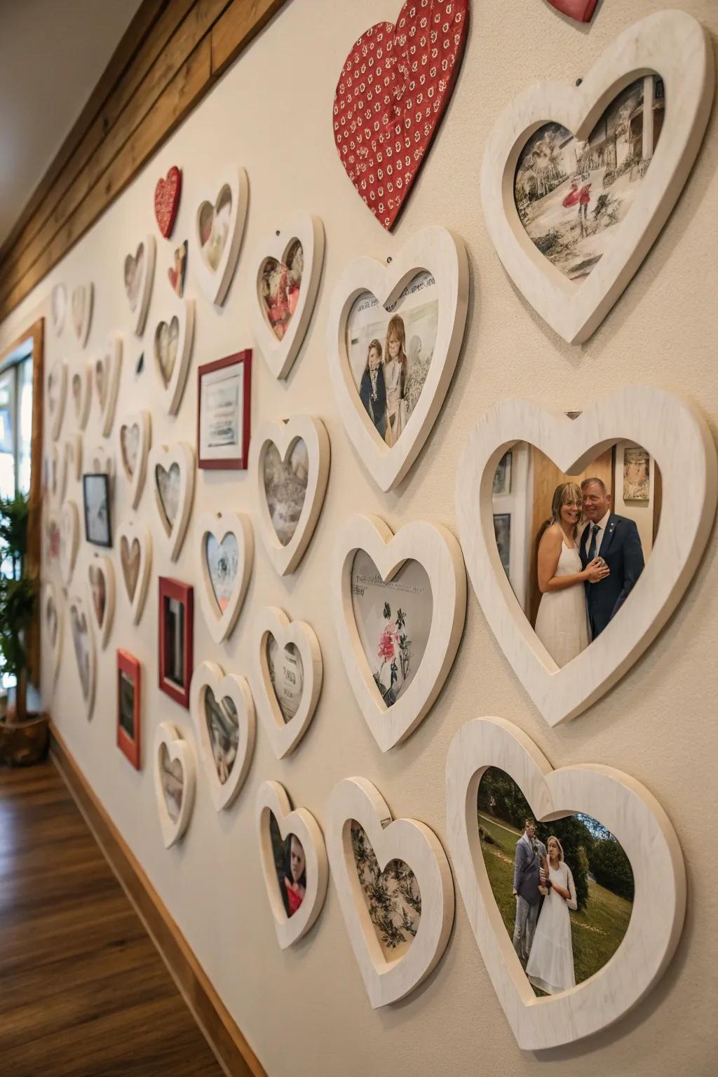 Celebrate your love story through a display of heart-shaped photo frames.