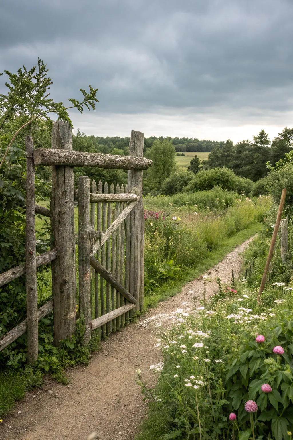A countryside entrance constructed from innate hewn timbers.