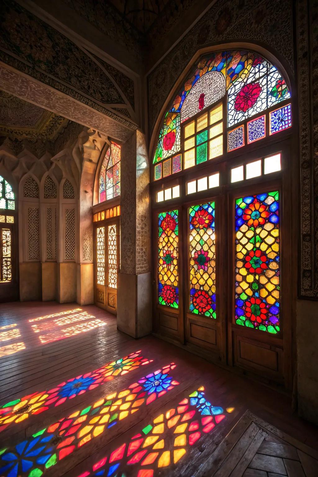 Stained glass windows that add color and artistry to the space.