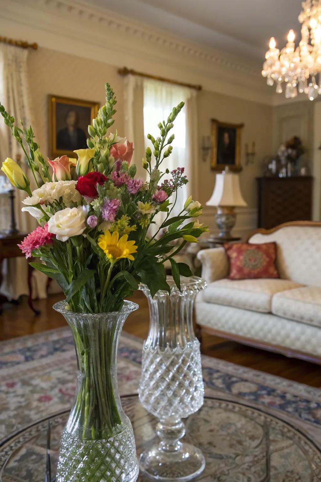Gemstone vases with fresh blossoms contribute grace and natural beauty.