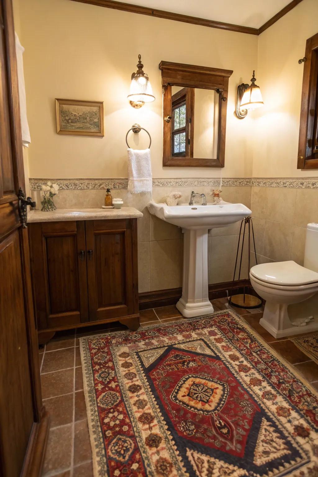 Retro rugs contribute comfort and panache to bathroom areas.