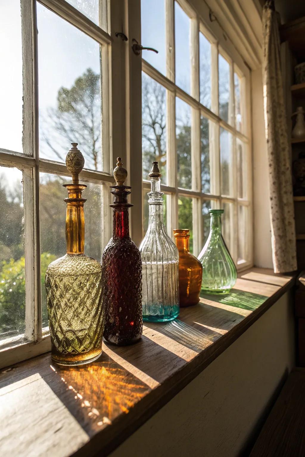 Ornamental classic vials capture the illumination exquisitely upon a window ledge.