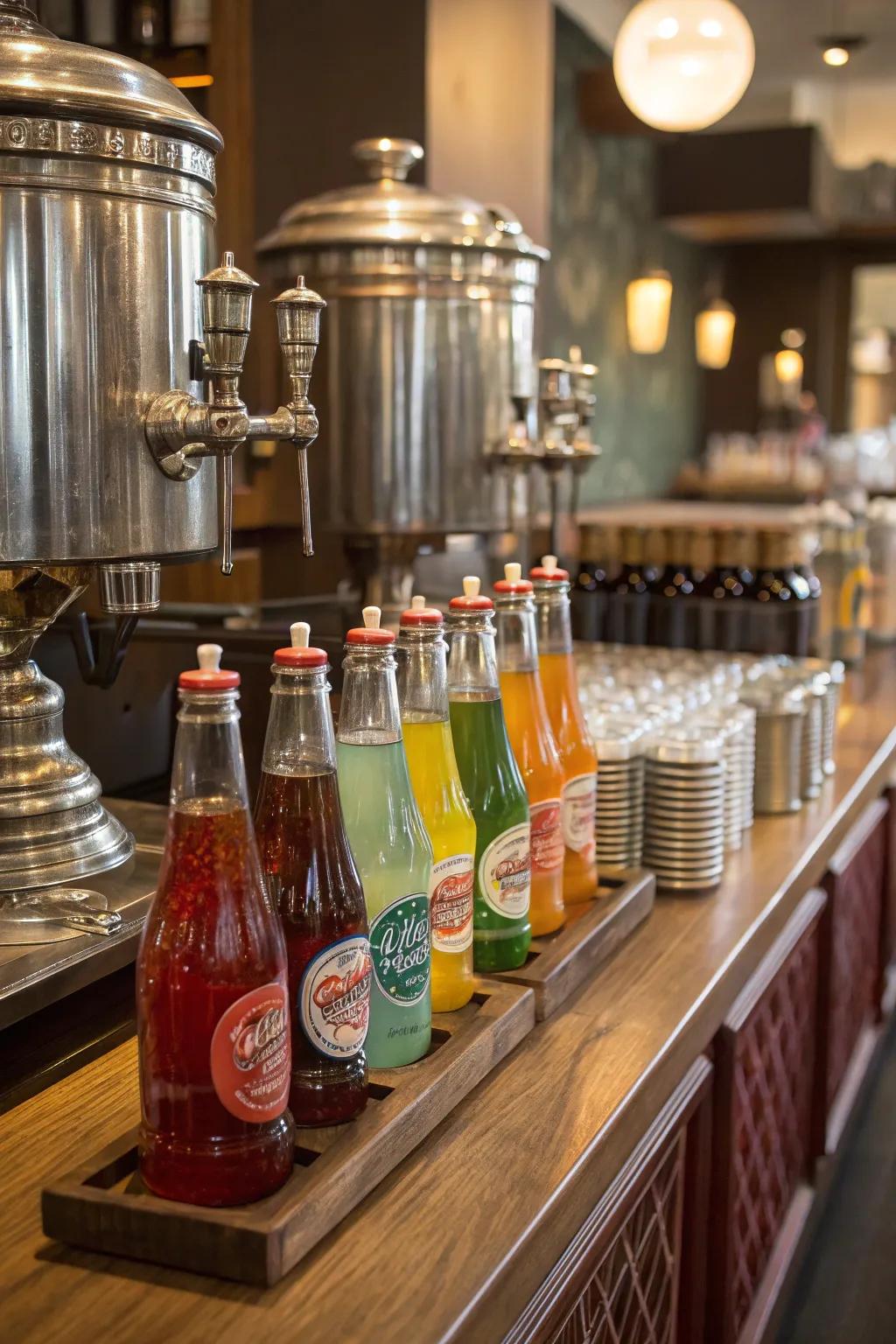 Classic beverage stations serve vintage sodas and cocktails with style.