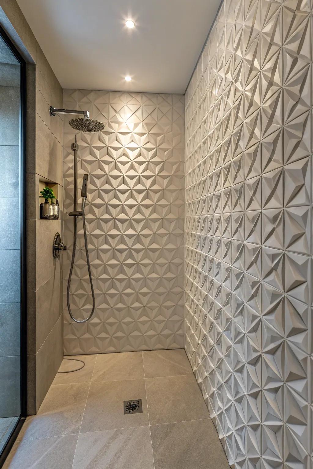 Sculpted tiles add depth and artistic flair to your shower.