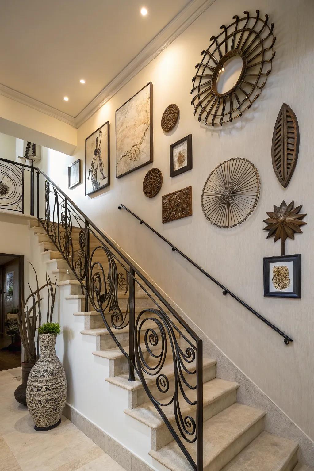 Metal accents can add an industrial vibe to your staircase wall.