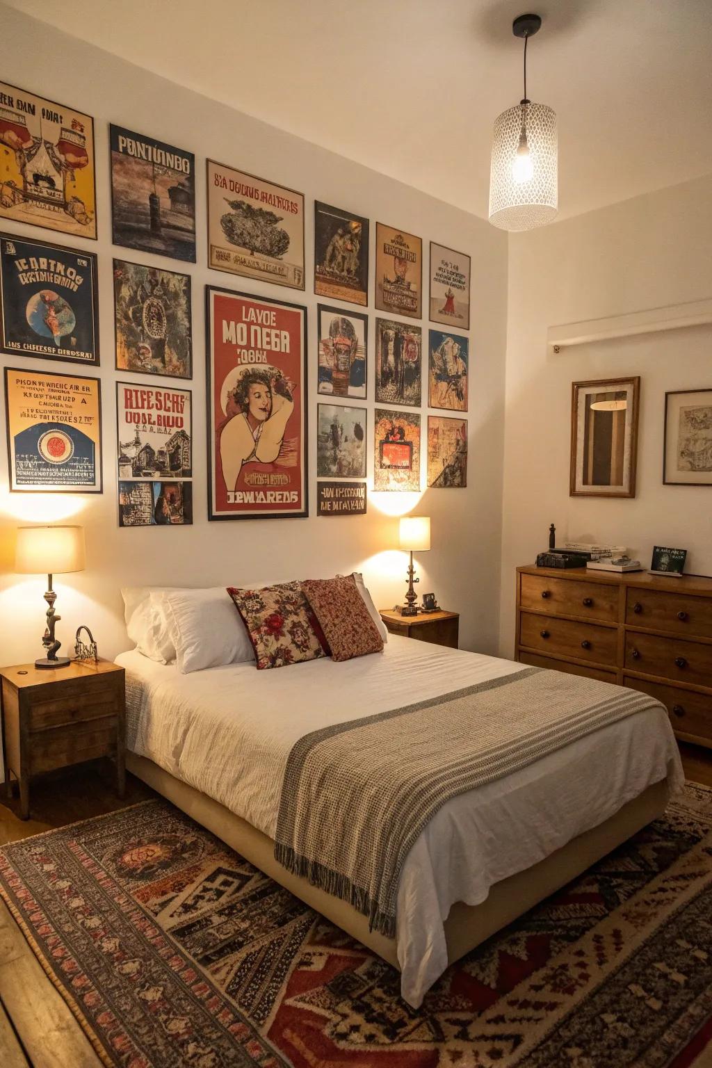 Vintage posters add timeless charm to your bedroom.