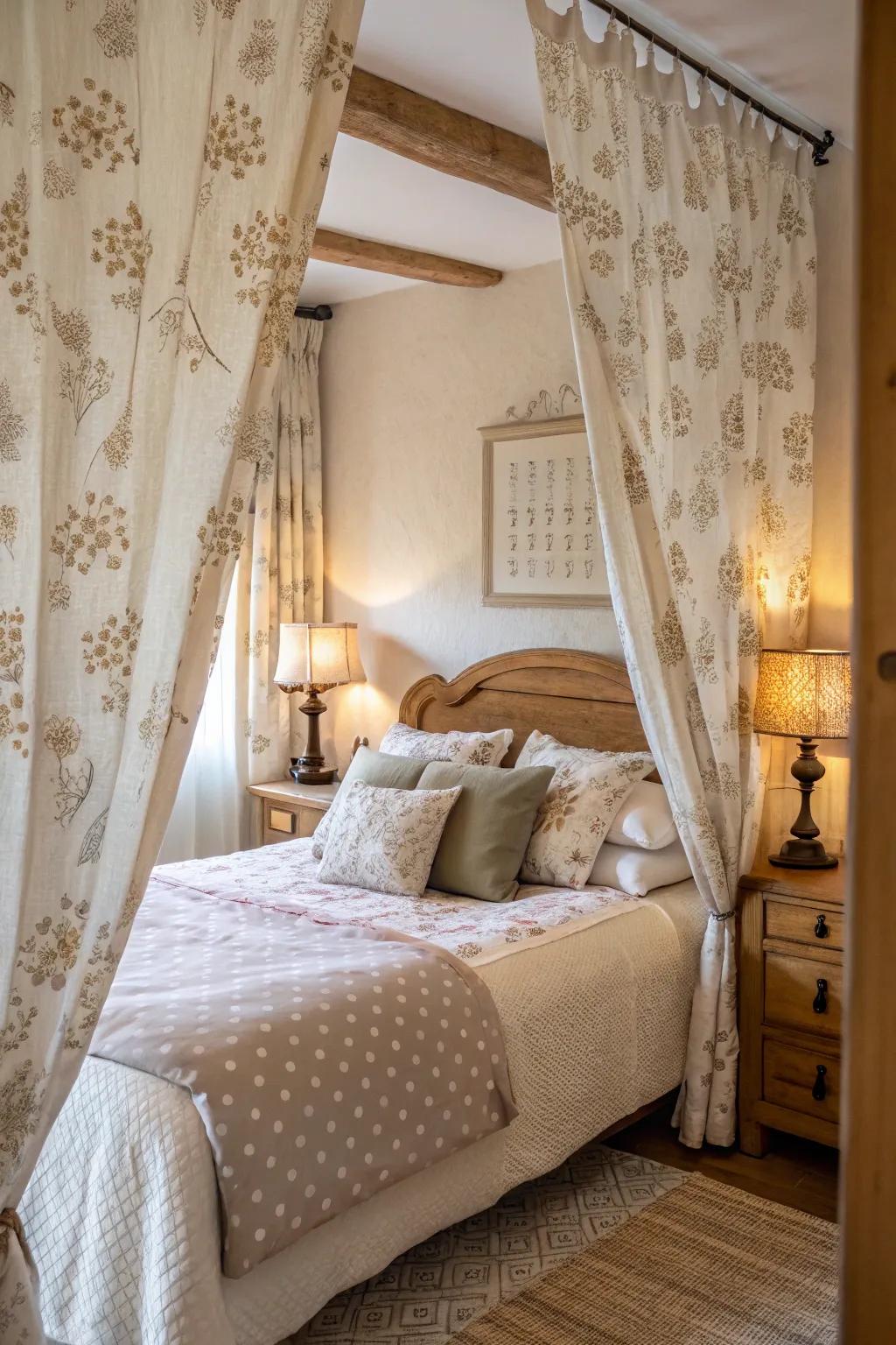 Drapes enrich the bedroom with softness and color.
