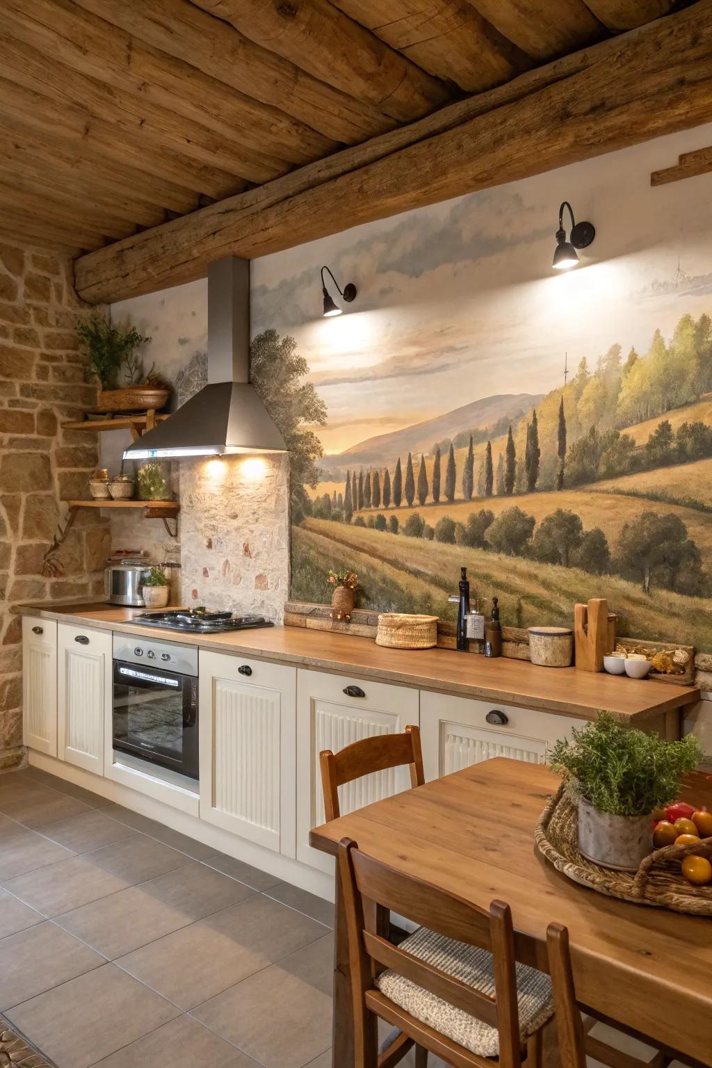 Set up a warm farmhouse feel with a rustic mural in your kitchen.