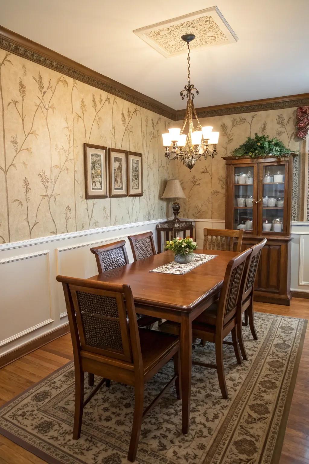 A dining room that gains structure with a faux panel wallpaper border.