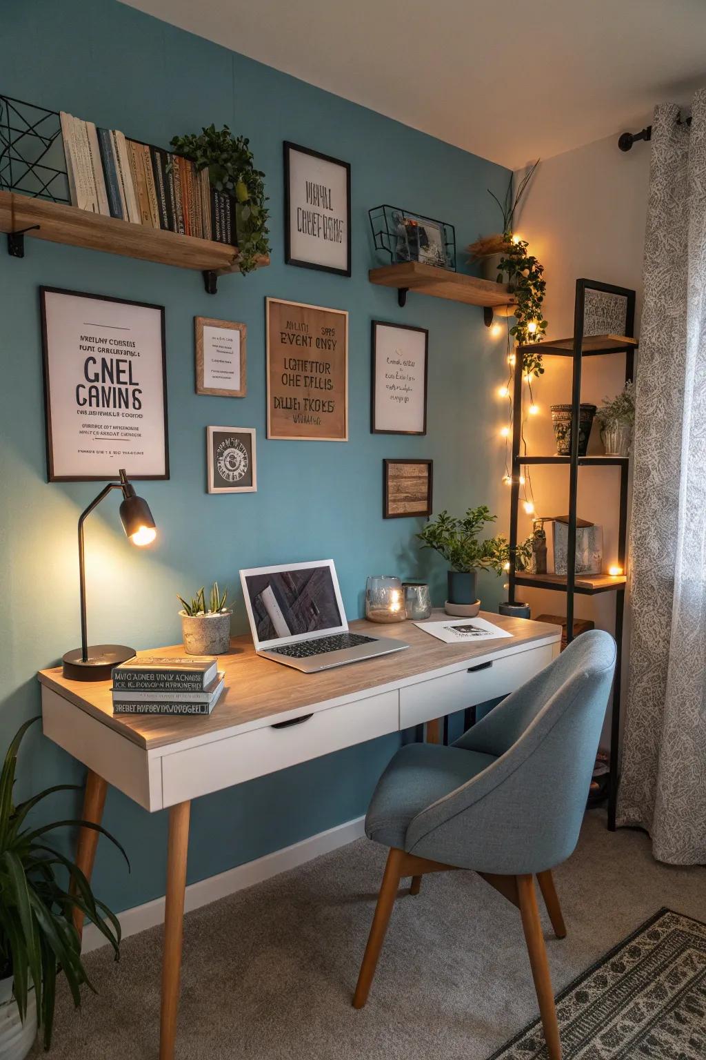 Enhance productivity with a creative home office adorned in gentle cerulean.