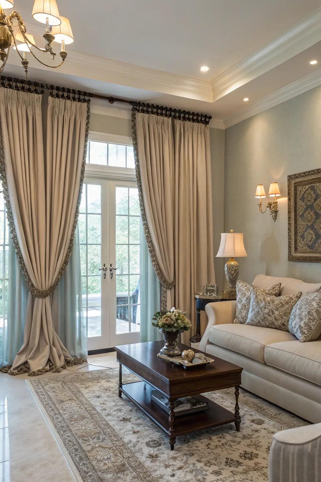 Curtains extending from the ceiling to the floor add elegance and enhance the perceived height of a neutral interior.