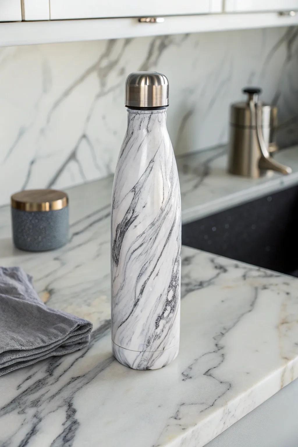 Luxurious marble effect water bottle designs for a refined aesthetic.