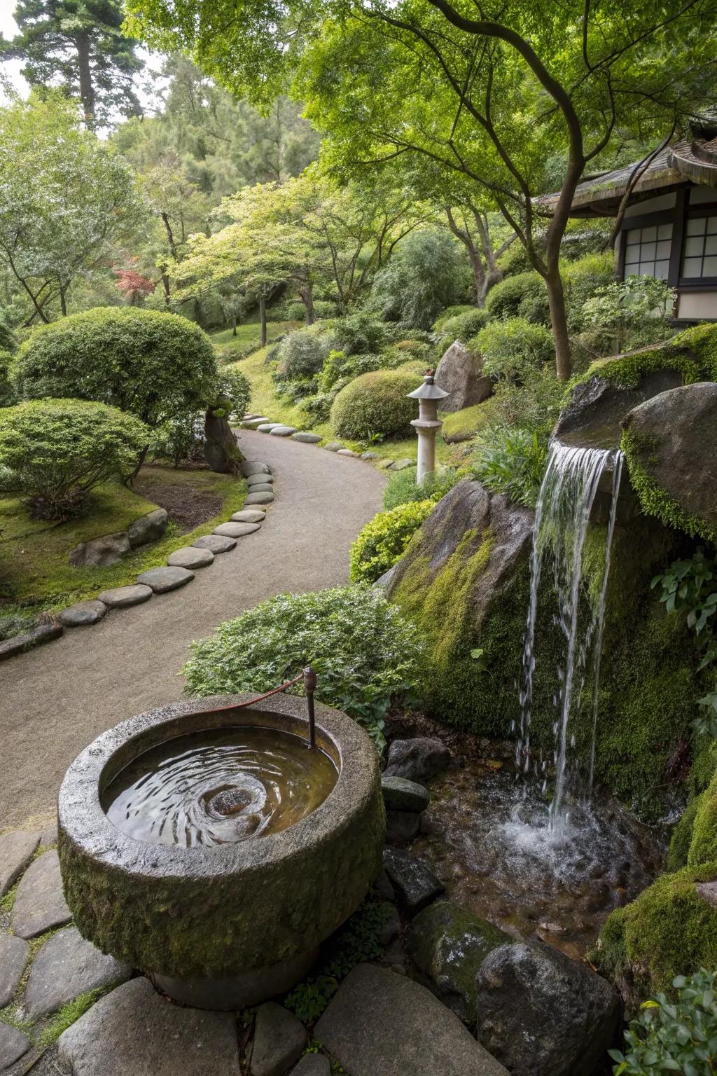 An elegant Japanese-inspired garden featuring a rock basin water feature.