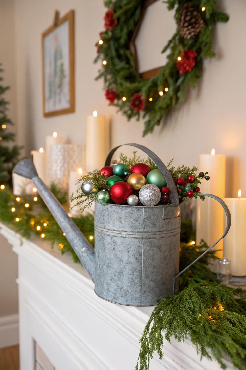 A festive bauble display employing a sprinkler.