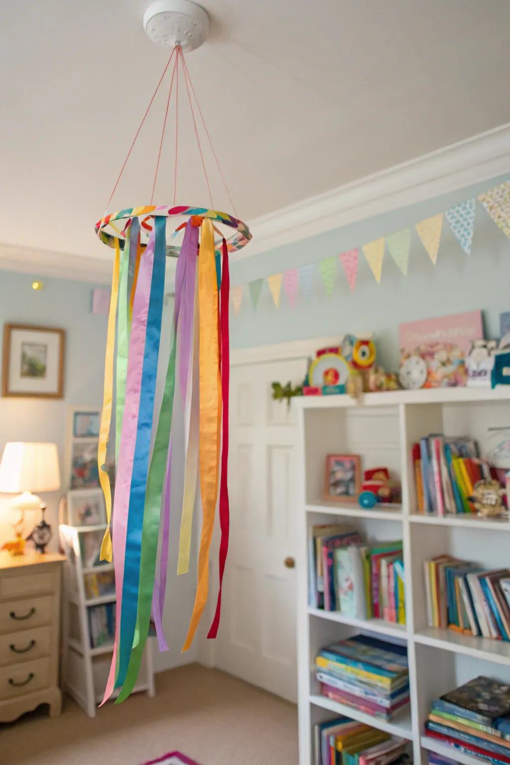 A ribbon mobile that introduces movement and playfulness to a space.