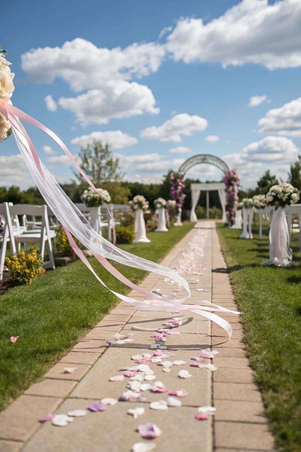 Flowing ribbons add a whimsical and colorful touch to the aisle.