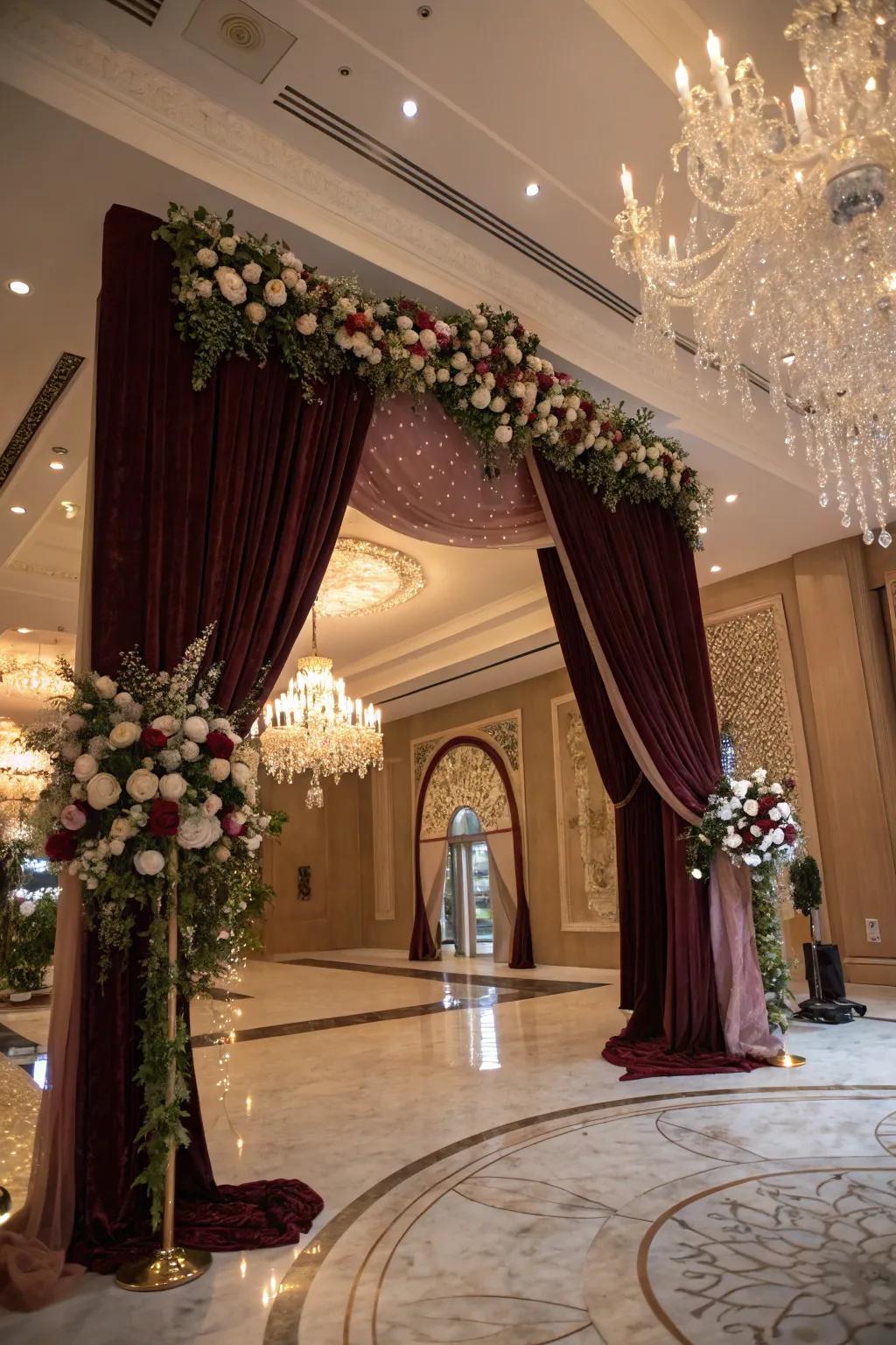 Stylish curtains add drama and classiness to your wedding arch.